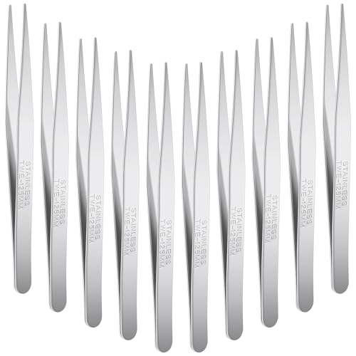 Willbond 10 Pcs Stainless Steel Tweezers Lab Forceps Long Tweezers With Flat Round Tip Hair Removal Tweezers Garden Tweezers Serrated Tip Straight 5 Inch For Plants cover