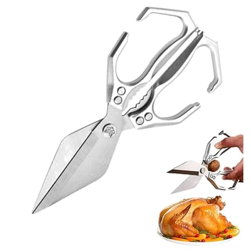 Multifunctional Heavy-Duty Kitchen Shears, 2 in 1 Kitchen Scissors All Purpose with Walnut Crackers, Stainless Steel Cooking Shears with Ergonomic Handle for Cutting Meat, Food, Fish (Silver)