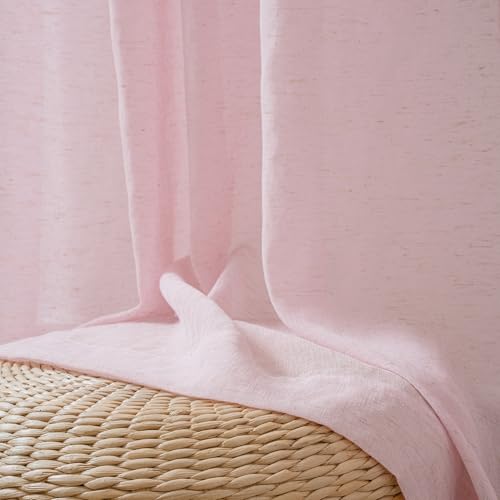 Image of FMFUNCTEX Linen Sheer Curtains for Bedroom, Pink Curtains 96 inches Long for Living Room, Blush Pink Farmhouse French Flax Blend Window Draperies, Rod Pocket 2 Panels Set