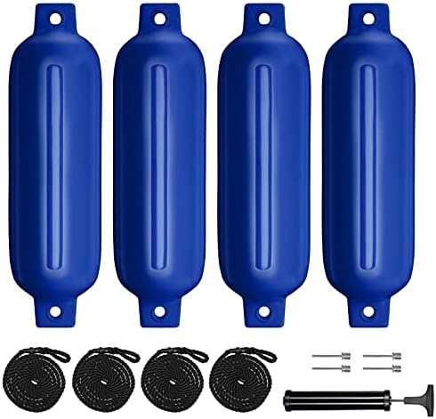 Sailortenx Boat Fenders 4 Pack 4.5x16'' Inflatable Ribbed Marine Boat Fender Lines 6.5' Needles Pump for Boat Bumpers Fender for Docking Fenders Blue