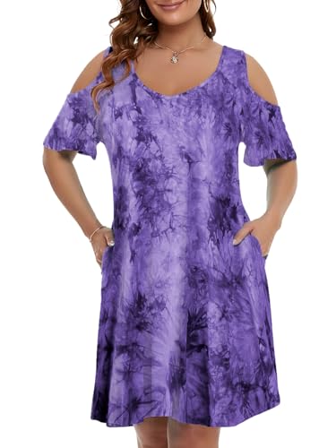 Image of JollieLovin Womens Plus Size Short Sleeve Cold Shoulder V Neck T-Shirt Dress with Pockets
