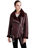 YILANUOYI Winter Women's Faux Leather Lambs Leather Jacket Moto Biker Short Coat Wool Fur Collar Zipper Jacket Warm Thick Outwear (Faux Shearling Wine, M)