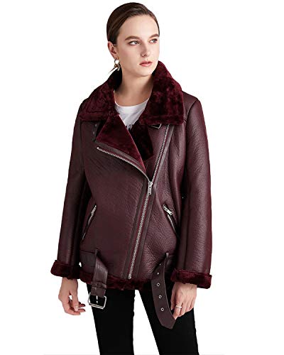 Winter Women Faux Leather Lambs Leather Jacket Moto Biker Coat Fur Collar Zipper Warm Thick Coat