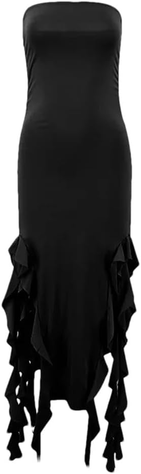 Women's Irregular Ruffle Edge Patchwork Pleated Sleeveless Strapless Dress