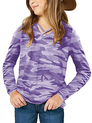 simtuor Girls Camouflage Long Sleeve Shirts V Neck Criss Cross Tops Kids Casual Loose Soft Blouse T-Shirt 4-15 Years