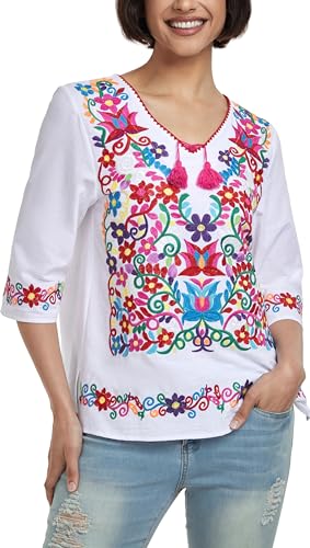 YZXDORWJ Women's Summer Embroidered Mexican Shirts Short Sleeve Casual Tops Blouse2