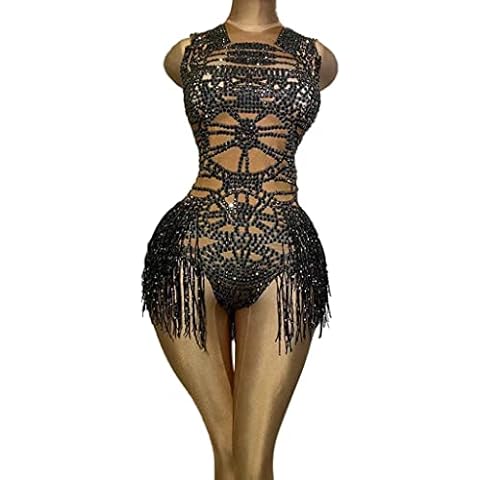 WZHZJ Sparkly Rhinestone Tassel Bodysuit for Women Bling Crystals Leotard Celebrate Outfits Female Singer Stage Wear Costume (Color : Black, Size : One Size) Cover