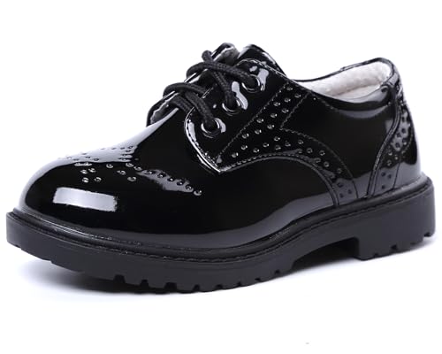 PPXID Baby Jungen Schnürhalbschuhe wasserdichte Lackschuhe Schule Oxfords Uniform Hochzeit Anzugschuhe, Schwarz, 24 EU