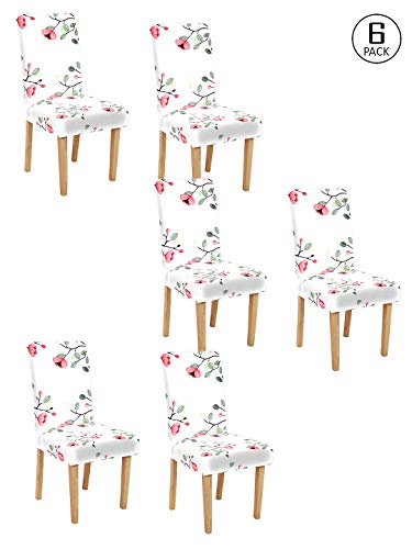 Image of Cortina Dining Chair Slipcovers | Protection Chair Covers | Floral Print, Removable, Washable | Universal Fit Super Soft Stretchy Polyester Spandex | Hotel, Marriage, Wedding | Pack of 6, White 4