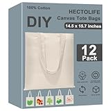 HECTOLIFE 12 Pack Canvas Tote, Reusable Blank Canvas for Shopping,Grocery Bags,DIY Gift Bags