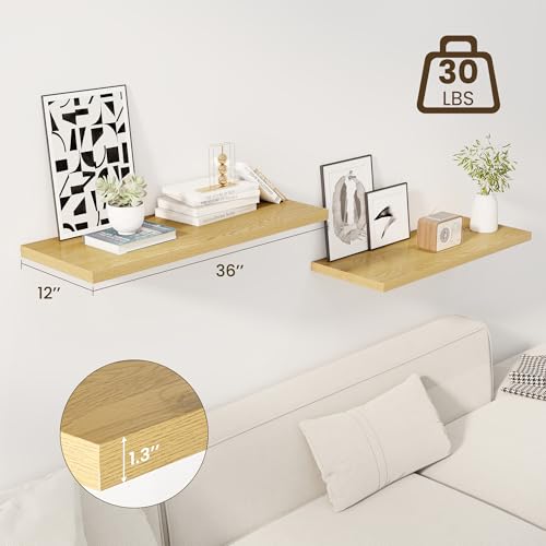 Image of Dreamland 36 inch Floating Shelves for Wall, 12 inch Deep Slim Oak Floating Shelves, Wall-Mounted Shelves for Bedroom, Living Room, Kitchen, Bathroom - Set of 2
