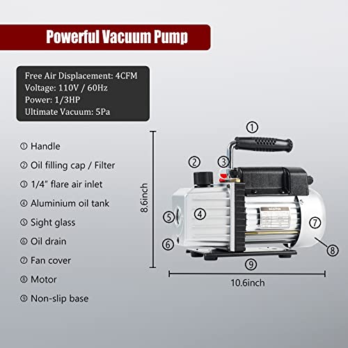 Hzautos 4Cfm 1/3Hp Single-Stage Vacuum Pump And R12 R22 R134A R502 Anticollision Manifold Gauge Set Refrigeration Kit With Leak Detector For Hvac Refrigeration Recharging And Maintenance #TOP1