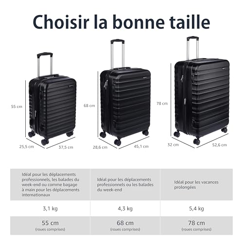 Amazon Basics Hard Shell Medium Suitcase - Expandable ABS Travel Luggage with 4 Double Spinner Wheels - Scratch Resistant and Lightweight Construction - 68 x 45.1 x 28.6cm - Black - 5