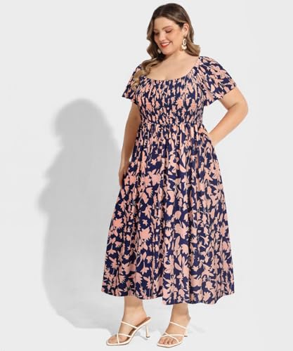 Image of RITERA Plus Size Dresses for Curvy Women Square Neck Short Sleeve Summer Floral Smocked Maxi Dress with Pocket XL-5XL