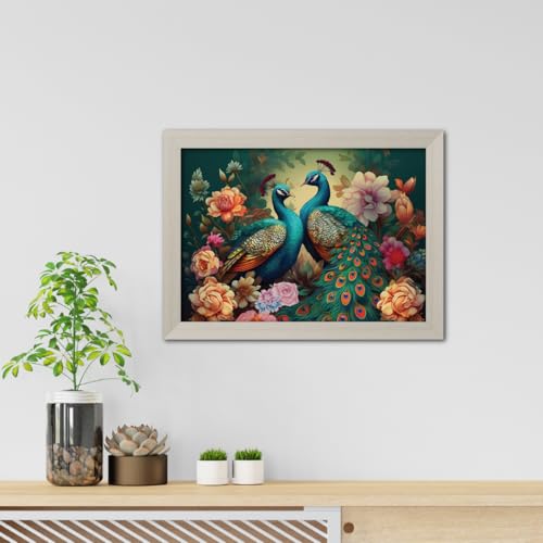 Image of TenorArts Peacock Love Birds Photo Frame Vastu Positivity Aesthetic Wall Painting Lucky Couple Art Frames with White Wooden Texture for Living rooms Office Bedroom - Wall Paintings / Hangings (12inches x 9inches)