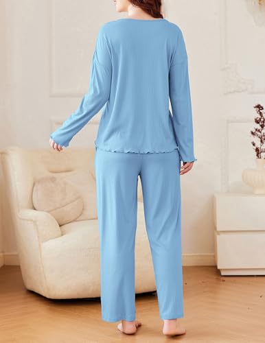 Ekouaer Womens Ribbed Knit Pajamas Set V Neck Long Sleeve Pj Set 2 Piece Loungewear Casual Sleepwear