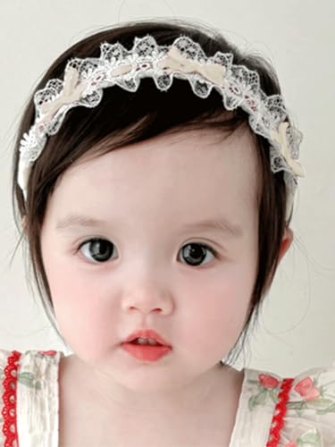 Baby Girls Hairband White Bow Lace Headbands Handmade Soft Stretchy Bowknot Hairbands Newborn Headband with Bows Pearls Elastic Head Band for Newborn Infant(Lace Beige Bow)