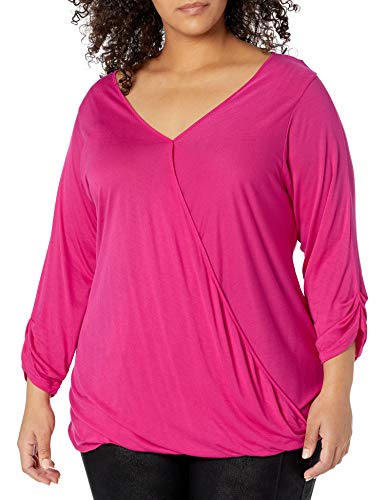Paper + Tee Women's Plus-Size V-Neck Three-Quarter-Sleeve Drape Front Top