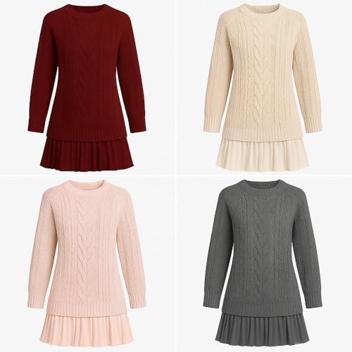 Womens Cable Knit Sweater Dress, Long Sleeve Crewneck Knit Dress with Pleated Skirt, Casual Fall Mini Dress2