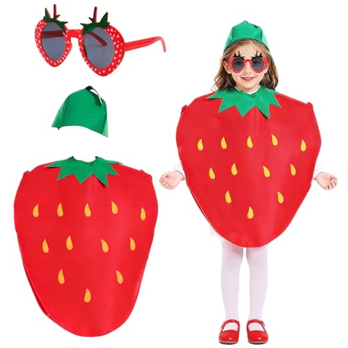 Znnhnn Disfraz de Fresa para Mujer,Capa Estampada+Gafas de Fresa+Sombrero,Disfraz de Fresa Unisex para Adultos,Disfraz de Fruta para Carnaval,Fiesta de Disfraces de Halloween (Rojo-C-Niña)