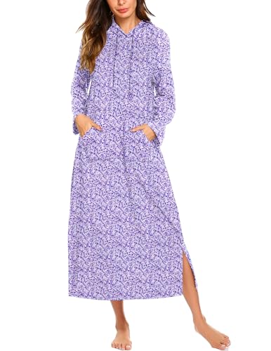 Ekouaer Nightgowns for Women Fleece Nightgown Long Sleeve Sleepwear Hooded Night Gown Long Sleep Shirt with Pocket,Purple Flower,S