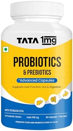 Tata 1mg Probiotics 30 Billion CFUs+ Capsules with Prebiotic Fiber- 60 Count | Gut Health & Digestion Support Supplement | For Men & Women