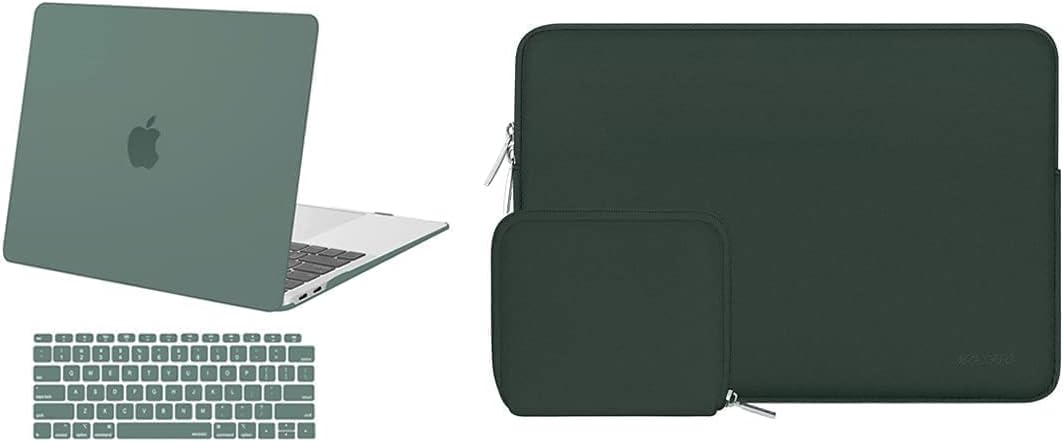 MOSISO Compatible with MacBook Air 13 inch Case 2018-2020 Rlease A2337 M1 A2179 A1932, Plastic Hard Shell & Neoprene Sleeve Bag with Small Case & Keyboard Cover, Midnight Green