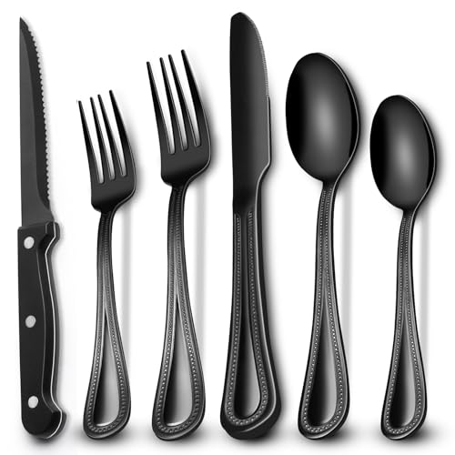 Image of EWFEN 24-Piece Black Silverware Set with Steak Knives, Black Flatware Set for 4, Food-Grade Stainless Steel Tableware Cutlery Set, Mirror Finished Utensil Sets for Home Restaurant, Pearled Edge