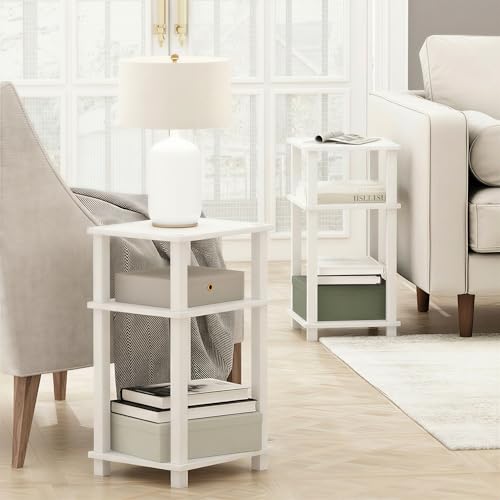 Image of Furinno JUST Side Table Set of 2, 3-Tier Open Shelf Modern End Table, Toolless Assembly Night Stand, Bedside Table with Square Tube, for Living Room, Bedroom, White