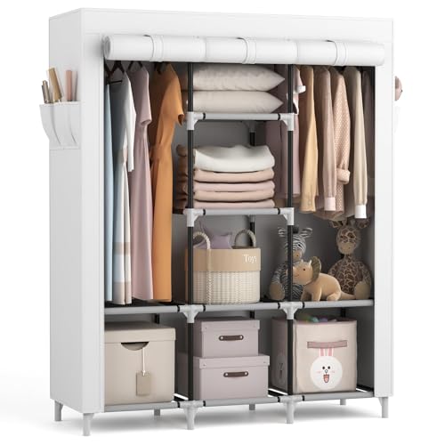Vicye Kleiderschrank,Stoffschrank Groß mit 2 Kleiderstange und 8 Ablagen,Faltbarer Kleiderschränke mit Überzug, Tragbarer Garderobenschrank für Ankleidezimmer Schlafzimmer (Weiß 124 x 42 x 162 cm)