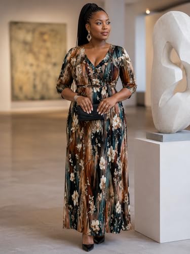 Image of Women's V Neck Floral Maxi Dress 3 /4 Sleeve Plus Size Boho Wrap Flowy Long Dresses with Belt
