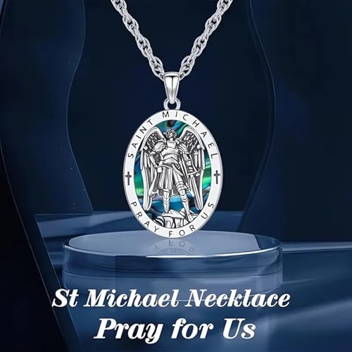 Saint Michael Necklace - St. Michael Archangel Pendant with Prayer Inscription, Stainless Steel Religious Jewelry for Men and Women, Protective Amulet with Abalone Shell Inlay2