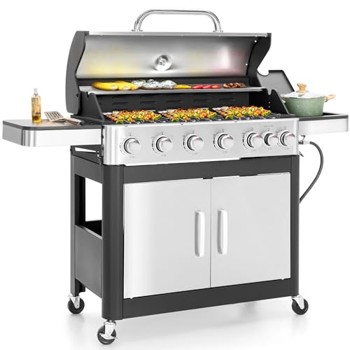 6 Burner Propane Gas BBQ Grill with Side Burner & Porcelain-Enameled Cast Iron Grate, 65,800 BTUs Barbecue Grill 665 Sq. In. Grilling Area, Outdoor Propane Grill for Camping Patio Backyard Cooking