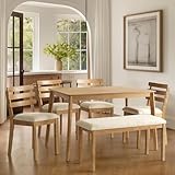 SIMTONAL 6 Piece Dining Table Set with Bench, Wooden Rectangular Kitchen Table and 4 Upholstered Chairs, Farmhouse Dining Room Furniture for Family Meals, Light Oak Finish