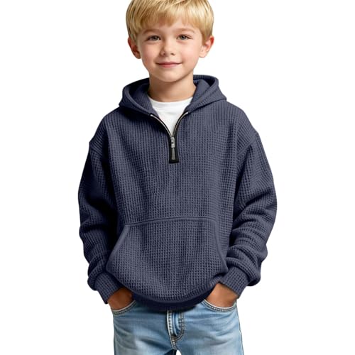 Boys Waffle Half Zip Hoodies Kids Casual Long Sleeve Knit Hooded Top Soft Textured Pullover with Front Pocket for Boys Activewear Sporty Training Running Exercise UK Jumper 13-14 Years Navy