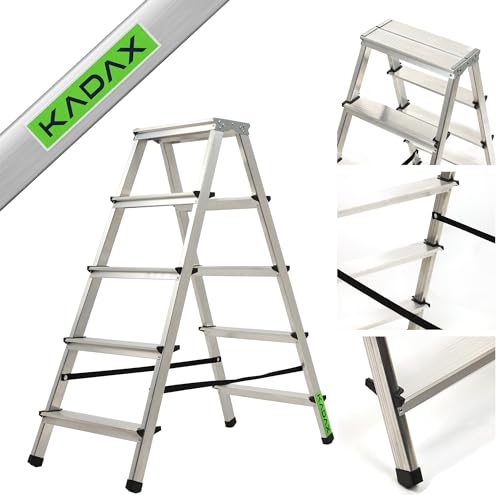 KADAX Escalera de Doble Cara de Aluminio con 5 Peldaños Antideslizantes, Capacidad de Carga de 125 kg, Plataforma de Trabajo y Diseño Plegable (102 x 45 cm)