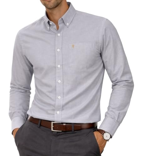 Image of Mens Long Sleeve Oxford Shirt, Button Down Collar & Pocket, Casual Office Work Weekender English Style. The English Oxford by Janeo British Apparel. (Plain Grey, SM)