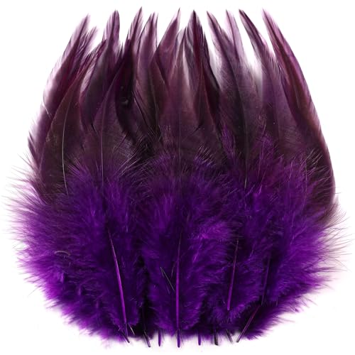 Holmgren Purple Craft Feathers Bulk - 200pcs 5-7inch Rooster Feathers Bulk for Halloween Mardi Gras Masquerade Party Costume Decoration and DIY Crafts (Purple)