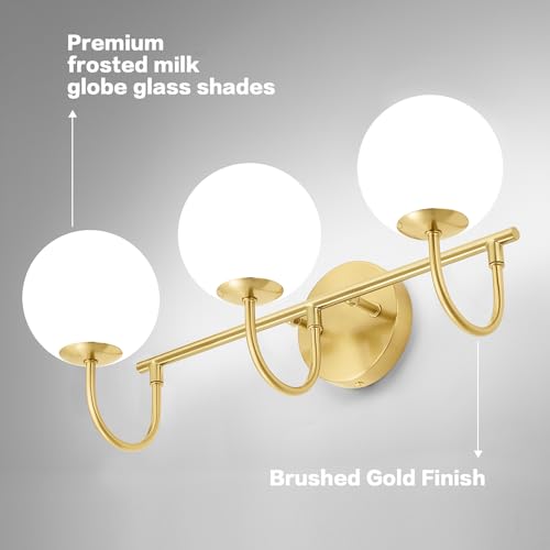 Image of Gold Light Fixtures, 3-Light Over Mirror, Mid Century Modern Bathroom Vanity Lights Wall Sconces With Globe Frosted Milk Glass