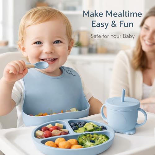 Image of 6PCS Silicone Baby Feeding Set - Suction Plate, Bowl, Bib, Spoon, Fork, Cup - BPA-Free, Non-Toxic, Microwave & Dishwasher Safe for Toddlers 6+ Months - Light Blue