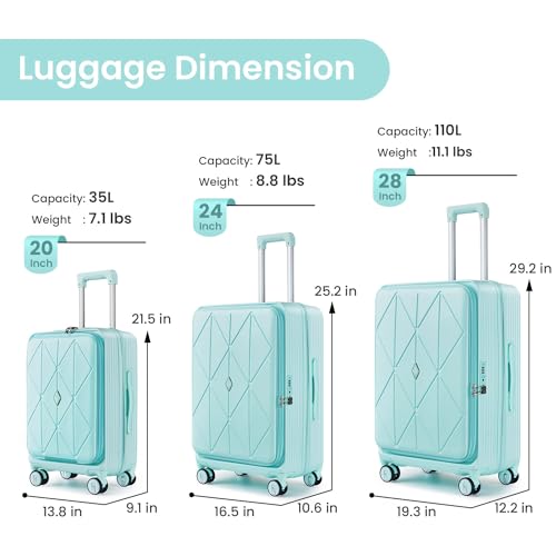 3 Piece Luggage Sets 100% PC Hard Shell Lightweight Suitcase with TSA Lock Spinner Wheels Expandable Carry On Luggage Set with Front Opening, Mint Green (20/24/28)2
