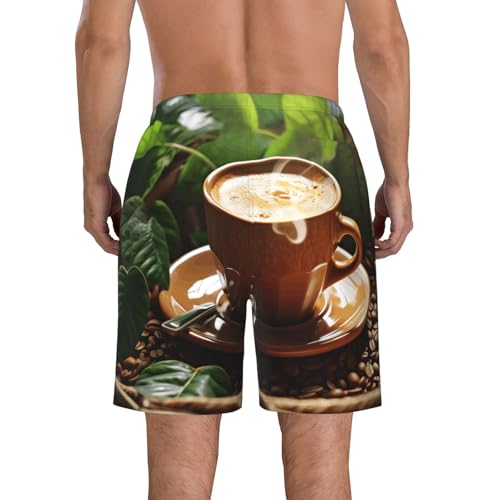 Men's Swim Trunks Quick Dry Bathing Suits Coffee and Green Leaves Beach Board Shorts Swimwear with Pockets3