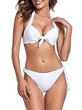 Colloyes Women’s White Two Piece Bikini Sets Push Up Halter Bikini Bathing Suit Adjustable 2 Piece Swimsuit Underwire Bikini Swimwear for Women Size Medium
