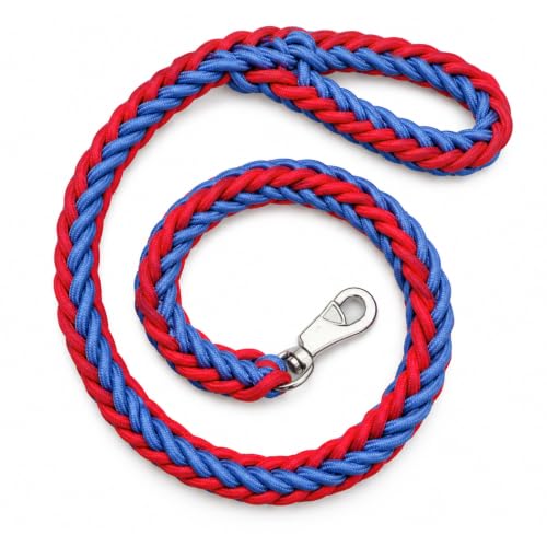 Image of Dog Leash Heavy Duty, Braided Nylon 120 cm Long and 3 cm Wide Dog Belt for Large Dogs and Medium Dogs, Walking Rope with Loop Handle and Swivel Metal Hook (Red and Blue)
