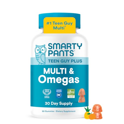 SmartyPants Teen Guy Plus Multi & Omegas Multivitamin Gummies with Omega 3 DHA/EPA Vitamins D3 C B12 B6 A K Zinc Folate Gluten Free Clean Label Pineapple Orange 60 Gummies (30 Day Supply)