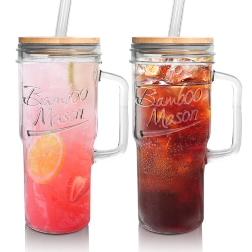 ANOTION Glass Cups with Lids and Straws - 24oz Tumbler ...