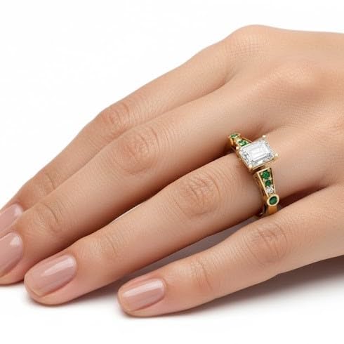 Image of 55Carat Choose Your Gemstone Tapered Vintage Engagement Ring Yellow Gold Plated Emerald Shape Vintage Engagement Rings Everyday Jewelry Wedding Jewelry Handmade Gifts for Wife US Size 4 to 12