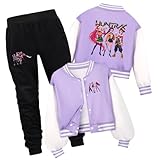 Kpop Cartoon Graphic Girls Baseball Varsity Jacket & Sweatpants Two Piece Sets Fall Winter Bomber Coat 3-14Y