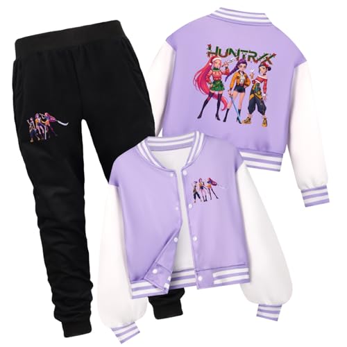 Kpop Cartoon Graphic Girls Baseball Varsity Jacket & Sweatpants Two Piece Sets Fall Winter Bomber Coat 3-14Y