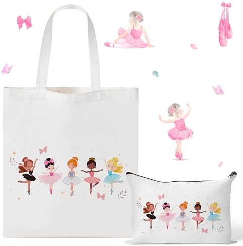 Y1tvei Ballerina Girls Canvas Bags - 2Pcs Cute Ballet Dancer Canvas Bag with Inner Pocket Small Zipper Makeup Cosmetic Bag, Reusable Grocery Shopping Bag Gifts Bulk for Women Girls Kids Ballet Recital